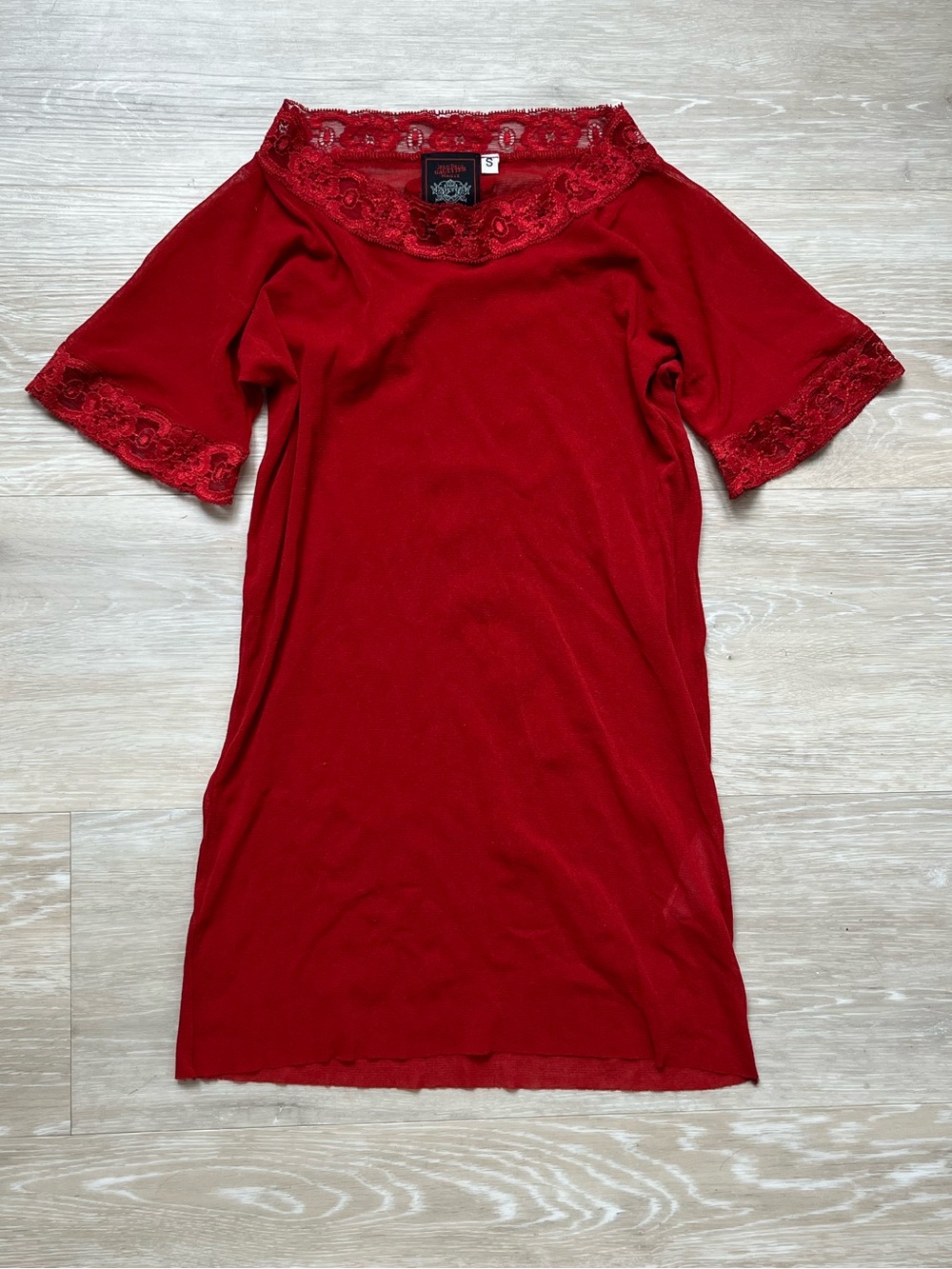 Jean Paul Gaultier Red Lace-Trim Mesh Short Sleeve
